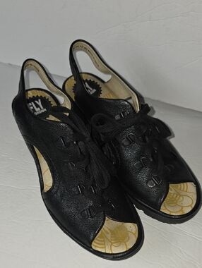 Fly London Black Lace-Up Peep Toe Slingback Heels